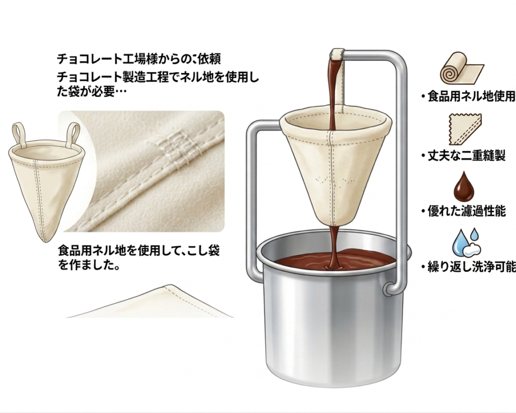 チョコレート製造工程でネル地を使用した袋が必要
