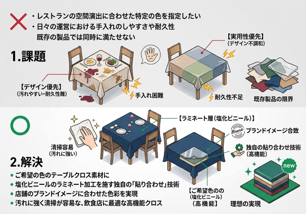 テーブルクロス、色のご指定と塩化ビニールの張り合わせ