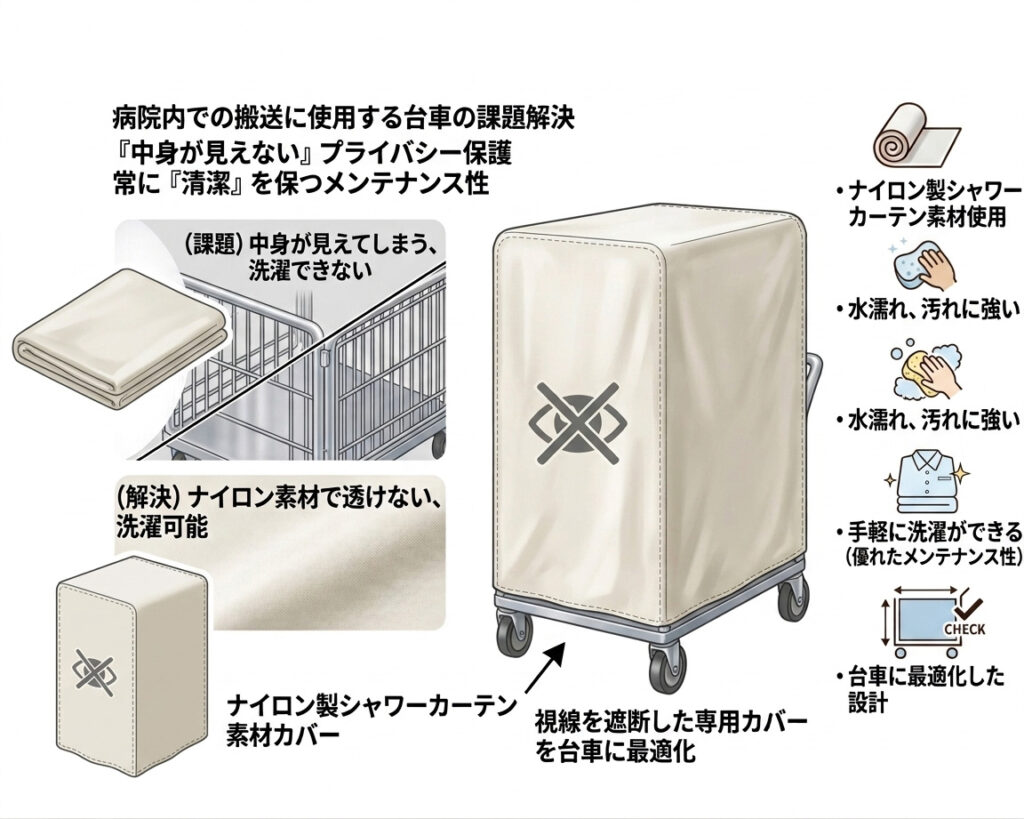 病院で使用する台車の側面に洗濯可能なカバーを