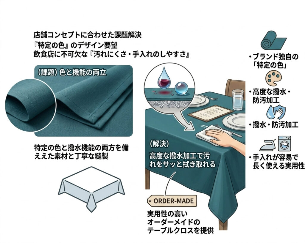 テーブルクロス、色指定および撥水加工をご希望